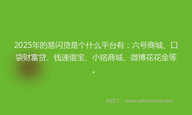 2025年的易闪贷是个什么平台有：六号商城、口袋财富贷、钱速借宝、小铭商城、微博花花金等。