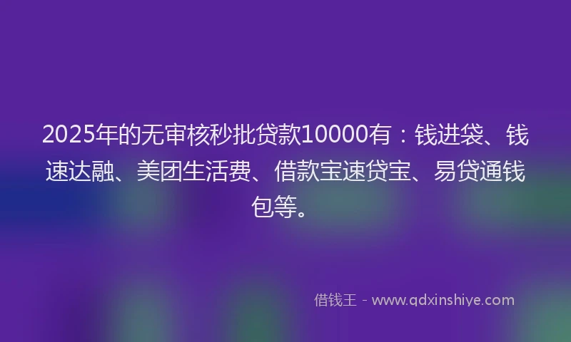 2025年的无审核秒批贷款10000有：钱进袋、钱速达融、美团生活费、借款宝速贷宝、易贷通钱包等。