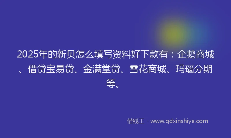 2025年的新贝怎么填写资料好下款有：企鹅商城、借贷宝易贷、金满堂贷、雪花商城、玛瑙分期等。