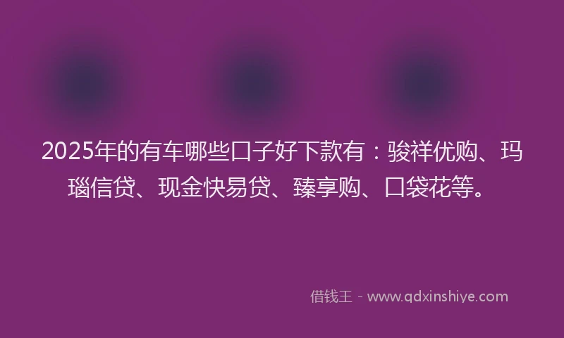 2025年的有车哪些口子好下款有：骏祥优购、玛瑙信贷、现金快易贷、臻享购、口袋花等。