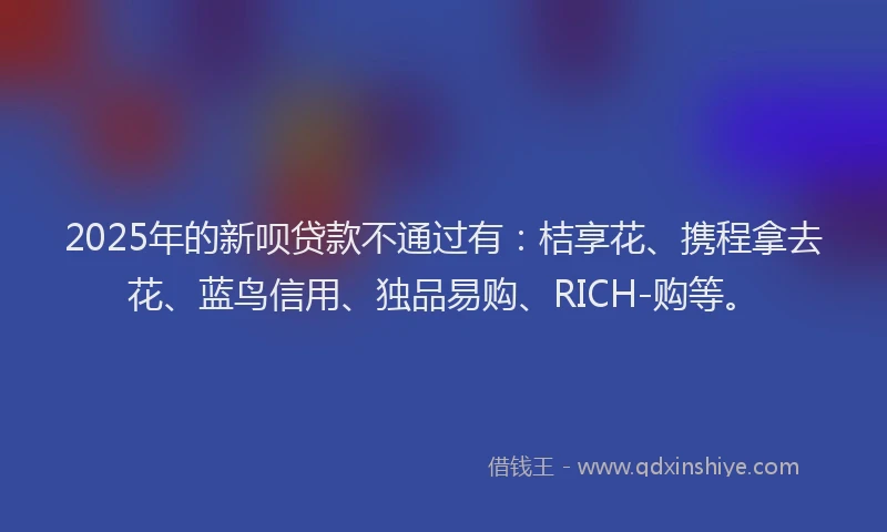 2025年的新呗贷款不通过有：桔享花、携程拿去花、蓝鸟信用、独品易购、RICH-购等。
