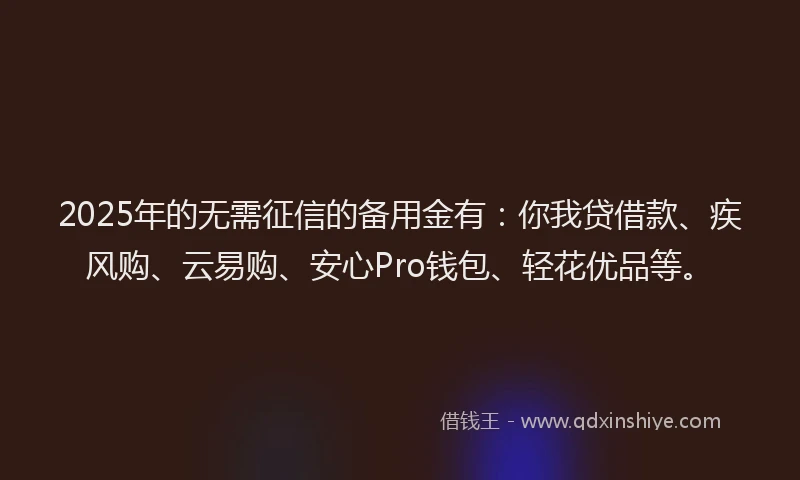 2025年的无需征信的备用金有：你我贷借款、疾风购、云易购、安心Pro钱包、轻花优品等。