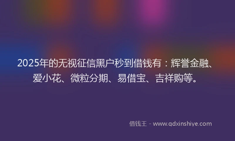 2025年的无视征信黑户秒到借钱有：辉誉金融、爱小花、微粒分期、易借宝、吉祥购等。