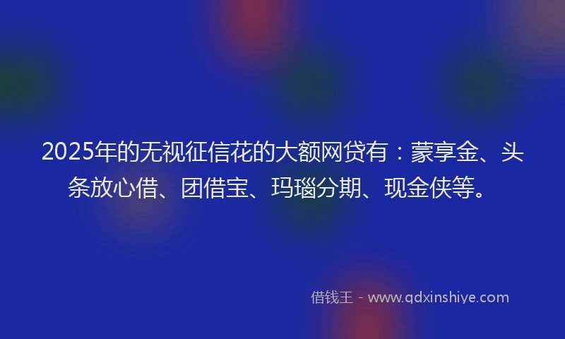 2025年的无视征信花的大额网贷有：蒙享金、头条放心借、团借宝、玛瑙分期、现金侠等。