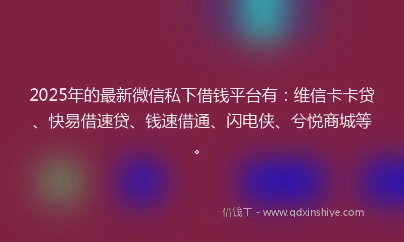 2025年的最新微信私下借钱平台有：维信卡卡贷、快易借速贷、钱速借通、闪电侠、兮悦商城等。