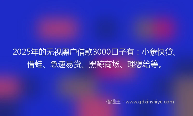 2025年的无视黑户借款3000口子有：小象快贷、借蛙、急速易贷、黑鲸商场、理想给等。