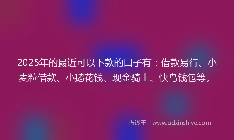 2025年的最近可以下款的口子有：借款易行、小麦粒借款、小鹅花钱、现金骑士、快鸟钱包等。