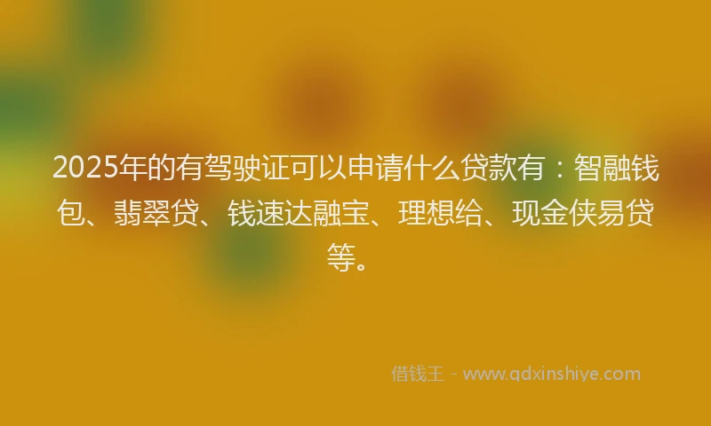 2025年的有驾驶证可以申请什么贷款有：智融钱包、翡翠贷、钱速达融宝、理想给、现金侠易贷等。
