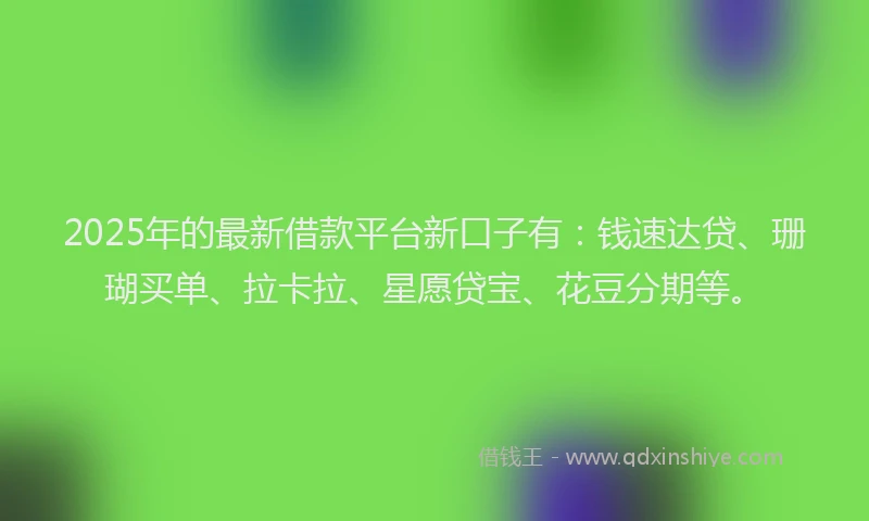 2025年的最新借款平台新口子有：钱速达贷、珊瑚买单、拉卡拉、星愿贷宝、花豆分期等。