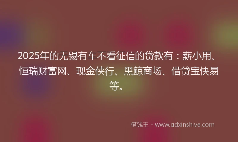 2025年的无锡有车不看征信的贷款有：薪小用、恒瑞财富网、现金侠行、黑鲸商场、借贷宝快易等。