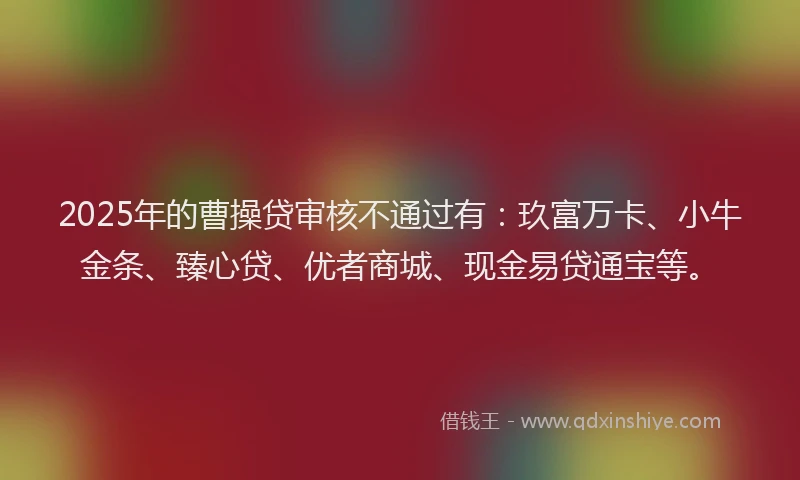2025年的曹操贷审核不通过有：玖富万卡、小牛金条、臻心贷、优者商城、现金易贷通宝等。