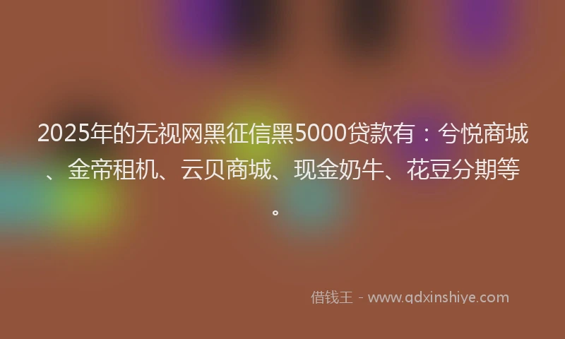 2025年的无视网黑征信黑5000贷款有：兮悦商城、金帝租机、云贝商城、现金奶牛、花豆分期等。