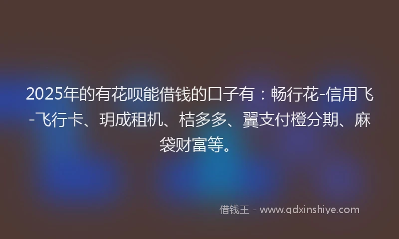 2025年的有花呗能借钱的口子有：畅行花-信用飞-飞行卡、玥成租机、桔多多、翼支付橙分期、麻袋财富等。