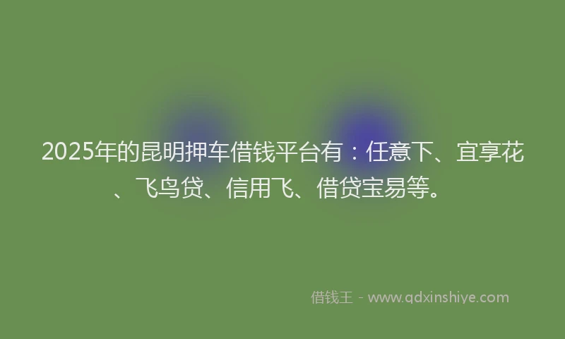 2025年的昆明押车借钱平台有：任意下、宜享花、飞鸟贷、信用飞、借贷宝易等。