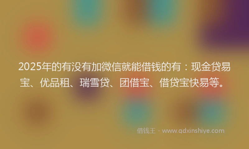 2025年的有没有加微信就能借钱的有：现金贷易宝、优品租、瑞雪贷、团借宝、借贷宝快易等。