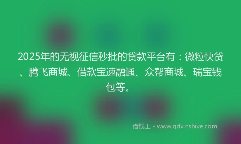 2025年的无视征信秒批的贷款平台有：微粒快贷、腾飞商城、借款宝速融通、众帮商城、瑞宝钱包等。