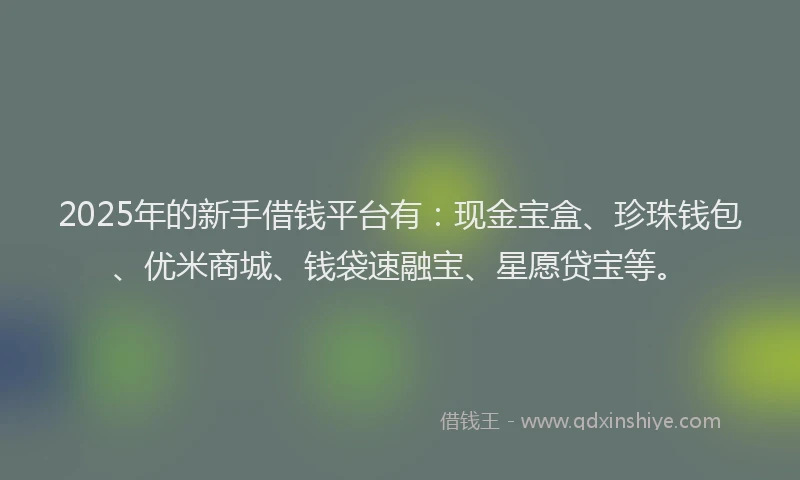 2025年的新手借钱平台有：现金宝盒、珍珠钱包、优米商城、钱袋速融宝、星愿贷宝等。