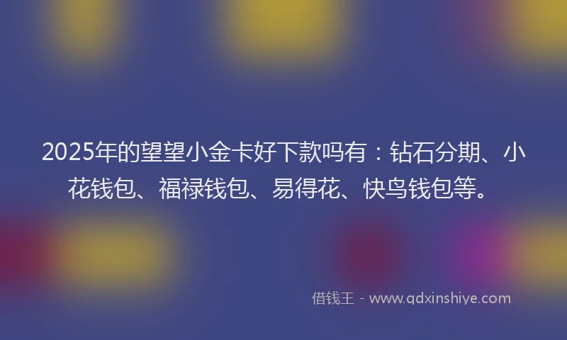2025年的望望小金卡好下款吗有：钻石分期、小花钱包、福禄钱包、易得花、快鸟钱包等。