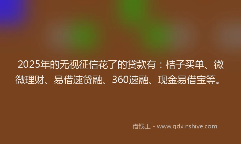 2025年的无视征信花了的贷款有：桔子买单、微微理财、易借速贷融、360速融、现金易借宝等。