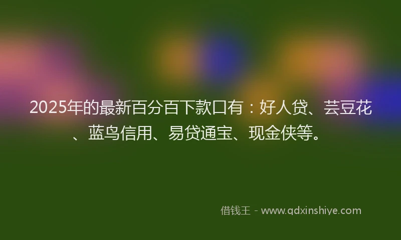 2025年的最新百分百下款口有：好人贷、芸豆花、蓝鸟信用、易贷通宝、现金侠等。