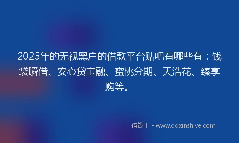 2025年的无视黑户的借款平台贴吧有哪些有：钱袋瞬借、安心贷宝融、蜜桃分期、天浩花、臻享购等。