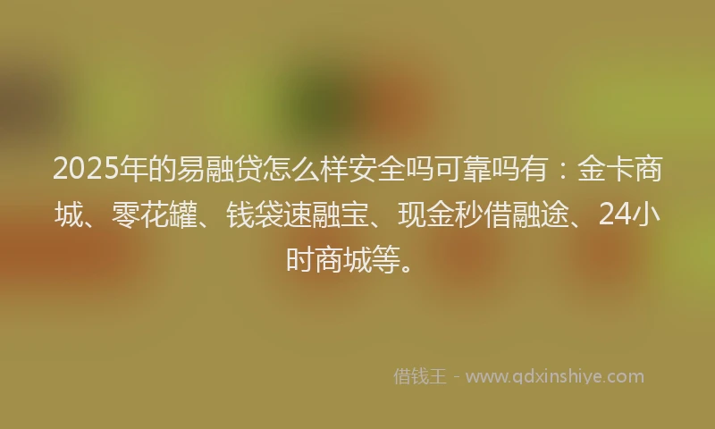 2025年的易融贷怎么样安全吗可靠吗有：金卡商城、零花罐、钱袋速融宝、现金秒借融途、24小时商城等。