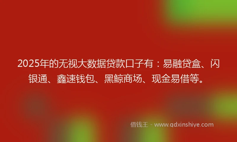 2025年的无视大数据贷款口子有：易融贷盒、闪银通、鑫速钱包、黑鲸商场、现金易借等。