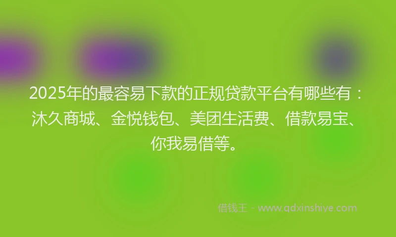 2025年的最容易下款的正规贷款平台有哪些有：沐久商城、金悦钱包、美团生活费、借款易宝、你我易借等。