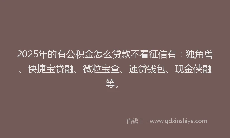 2025年的有公积金怎么贷款不看征信有：独角兽、快捷宝贷融、微粒宝盒、速贷钱包、现金侠融等。