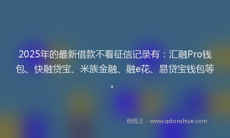2025年的最新借款不看征信记录有：汇融Pro钱包、快融贷宝、米族金融、融e花、易贷宝钱包等。