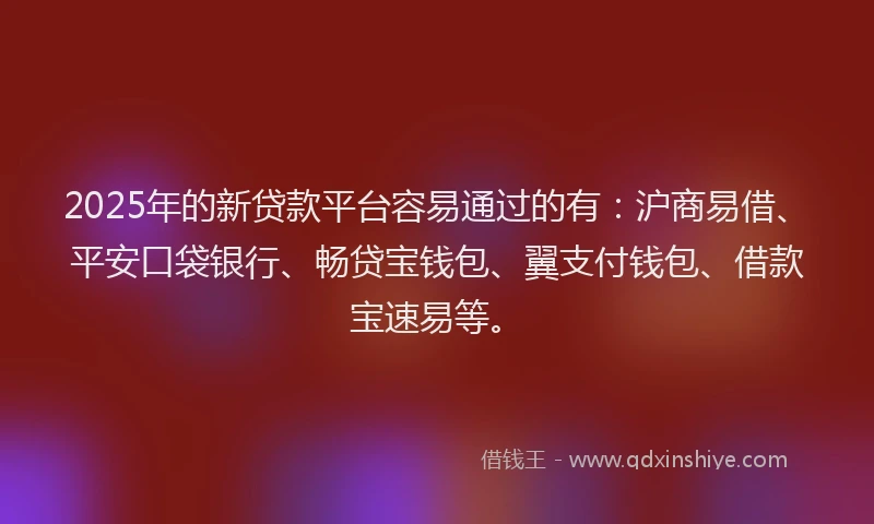 2025年的新贷款平台容易通过的有：沪商易借、平安口袋银行、畅贷宝钱包、翼支付钱包、借款宝速易等。
