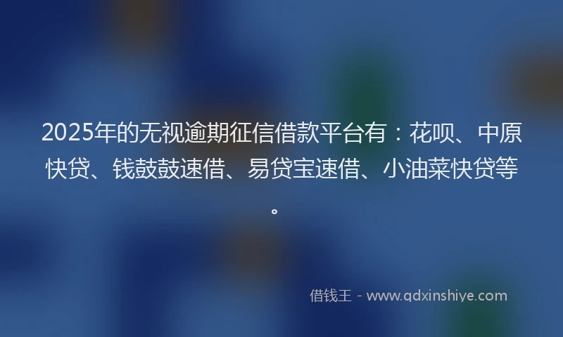 2025年的无视逾期征信借款平台有：花呗、中原快贷、钱鼓鼓速借、易贷宝速借、小油菜快贷等。