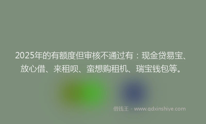 2025年的有额度但审核不通过有：现金贷易宝、放心借、来租呗、蛮想购租机、瑞宝钱包等。