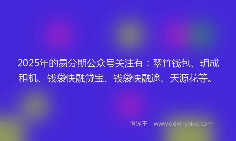 2025年的易分期公众号关注有：翠竹钱包、玥成租机、钱袋快融贷宝、钱袋快融途、天源花等。