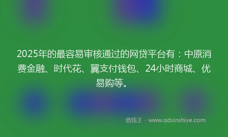 2025年的最容易审核通过的网贷平台有：中原消费金融、时代花、翼支付钱包、24小时商城、优易购等。