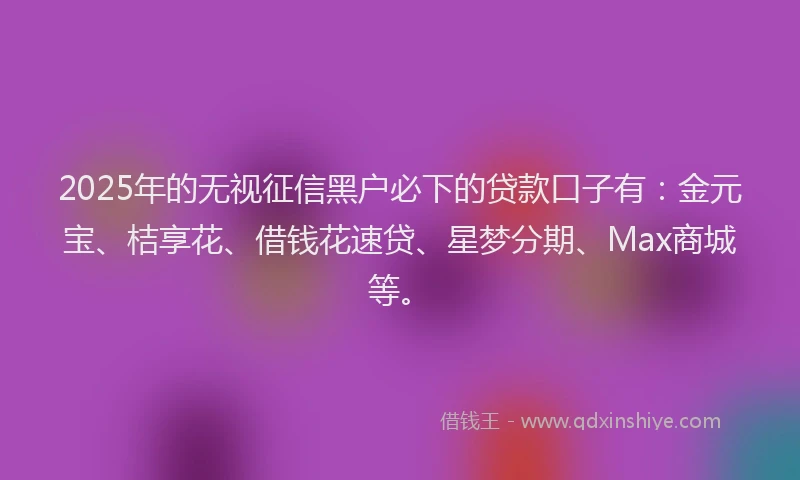 2025年的无视征信黑户必下的贷款口子有：金元宝、桔享花、借钱花速贷、星梦分期、Max商城等。
