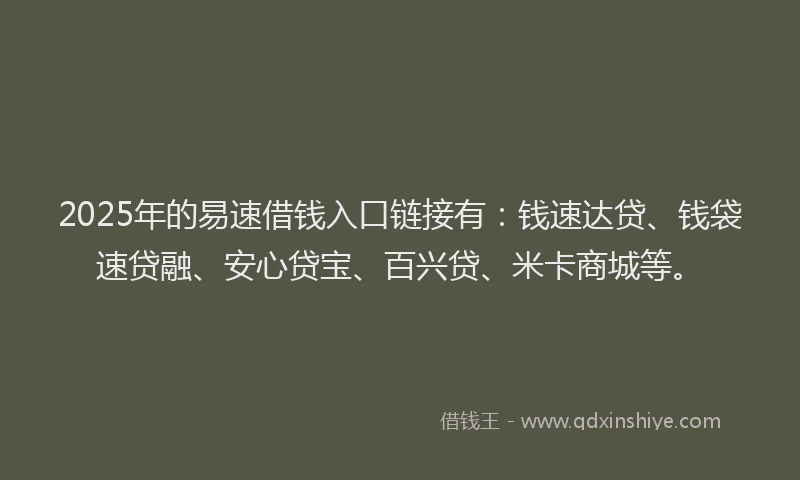 2025年的易速借钱入口链接有：钱速达贷、钱袋速贷融、安心贷宝、百兴贷、米卡商城等。