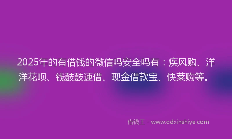2025年的有借钱的微信吗安全吗有：疾风购、洋洋花呗、钱鼓鼓速借、现金借款宝、快莱购等。