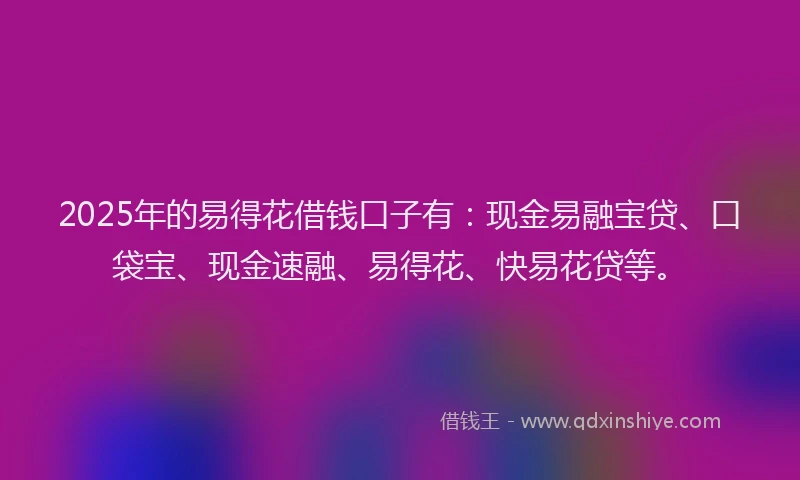 2025年的易得花借钱口子有：现金易融宝贷、口袋宝、现金速融、易得花、快易花贷等。