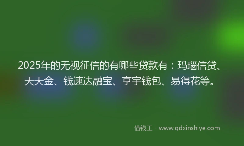 2025年的无视征信的有哪些贷款有：玛瑙信贷、天天金、钱速达融宝、享宇钱包、易得花等。