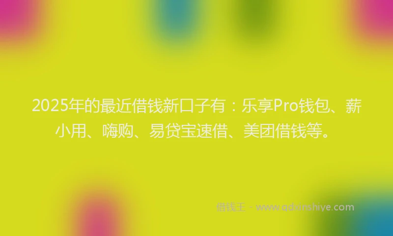2025年的最近借钱新口子有：乐享Pro钱包、薪小用、嗨购、易贷宝速借、美团借钱等。