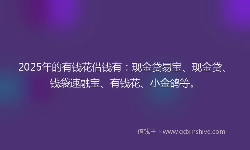 2025年的有钱花借钱有：现金贷易宝、现金贷、钱袋速融宝、有钱花、小金鸽等。