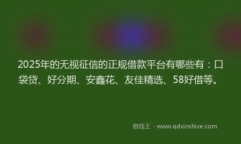 2025年的无视征信的正规借款平台有哪些有：口袋贷、好分期、安鑫花、友佳精选、58好借等。