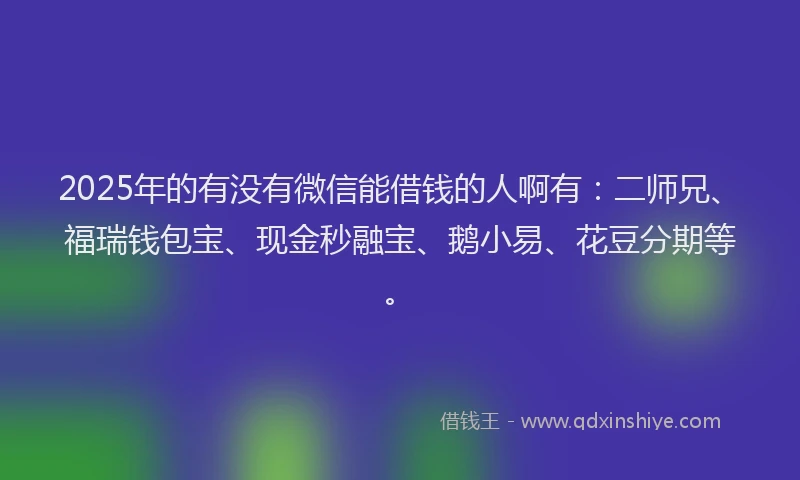 2025年的有没有微信能借钱的人啊有：二师兄、福瑞钱包宝、现金秒融宝、鹅小易、花豆分期等。