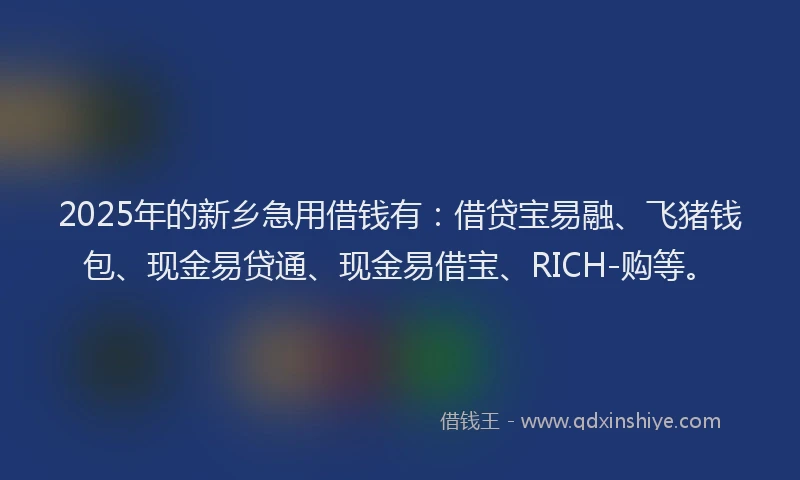 2025年的新乡急用借钱有：借贷宝易融、飞猪钱包、现金易贷通、现金易借宝、RICH-购等。