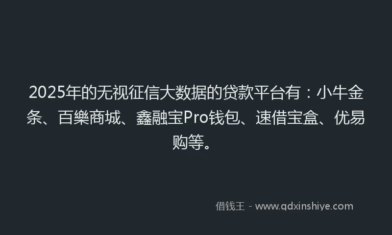 2025年的无视征信大数据的贷款平台有：小牛金条、百樂商城、鑫融宝Pro钱包、速借宝盒、优易购等。