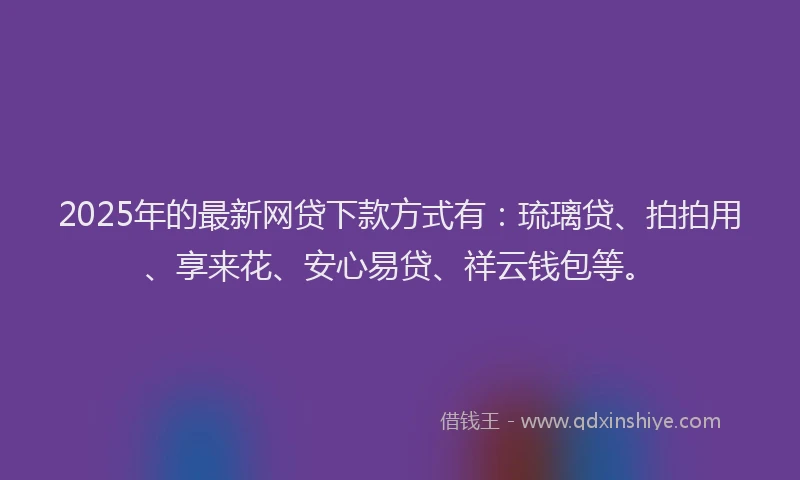 2025年的最新网贷下款方式有：琉璃贷、拍拍用、享来花、安心易贷、祥云钱包等。