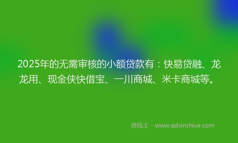 2025年的无需审核的小额贷款有：快易贷融、龙龙用、现金侠快借宝、一川商城、米卡商城等。