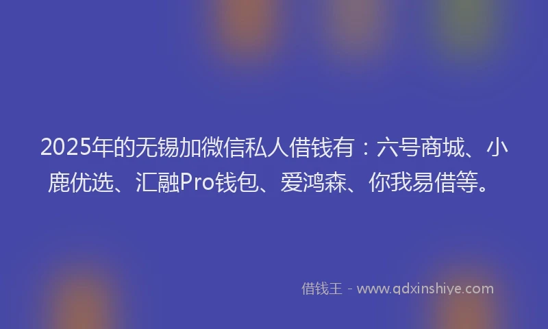2025年的无锡加微信私人借钱有：六号商城、小鹿优选、汇融Pro钱包、爱鸿森、你我易借等。