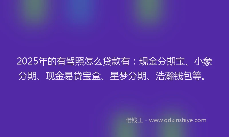 2025年的有驾照怎么贷款有：现金分期宝、小象分期、现金易贷宝盒、星梦分期、浩瀚钱包等。
